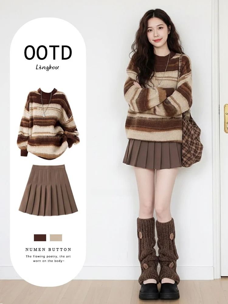 

Корейский Sle, большие размеры, осенне-зимний полосатый вязаный свитер, плиссированная юбка с высокой талией, комплект из двух предметов, женский ансамбль Faion