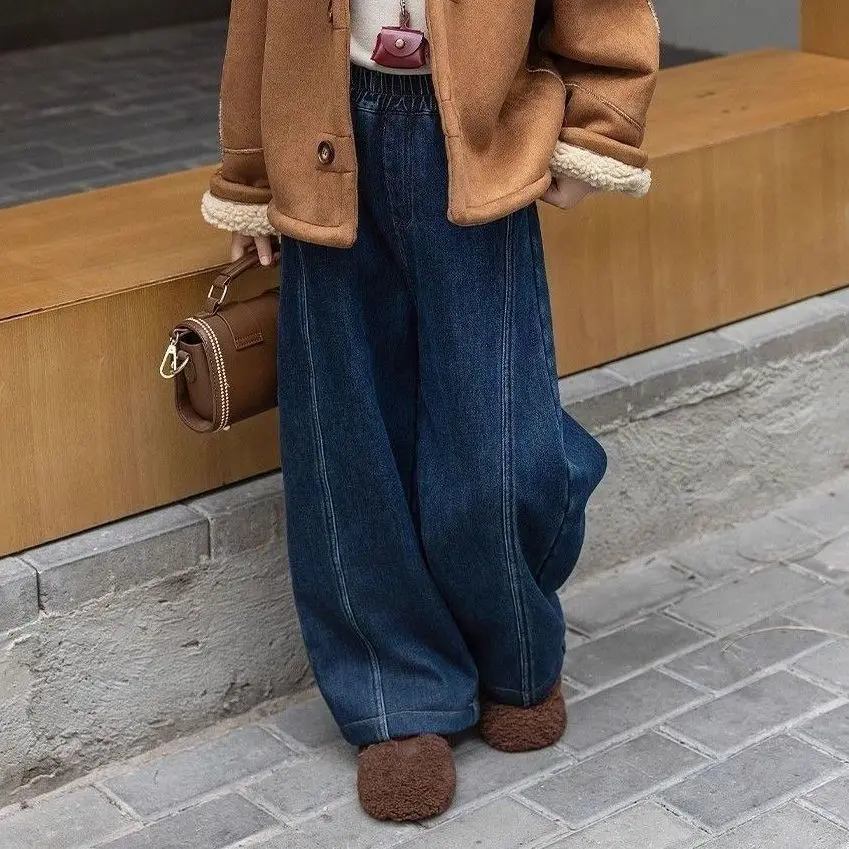 Girls Straight Jeans 2026 New Korean Style Fleece Lined Winter Thick Warm Denim Pants Kids Casual Versatile Bottoms