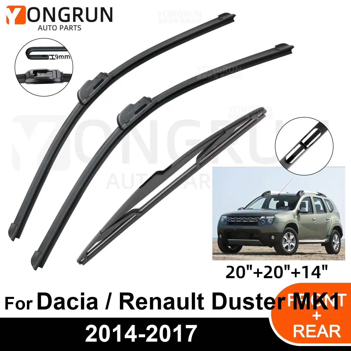 

3PCS Car Wiper for Dacia / Renault Duster MK1 2014-2017 Front Rear Windshield Windscreen Wiper Blade Rubber Accessories