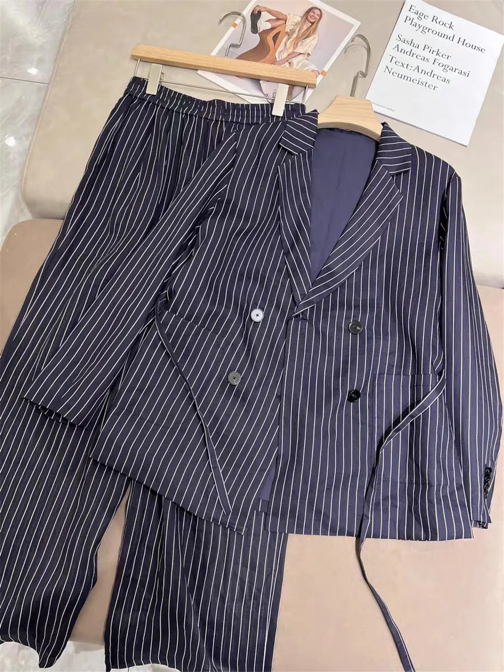 2024 B*C Spring Summer Striped Clashing Blazer Vest Wide Leg Pants 3 Piece Set  Female Clothing