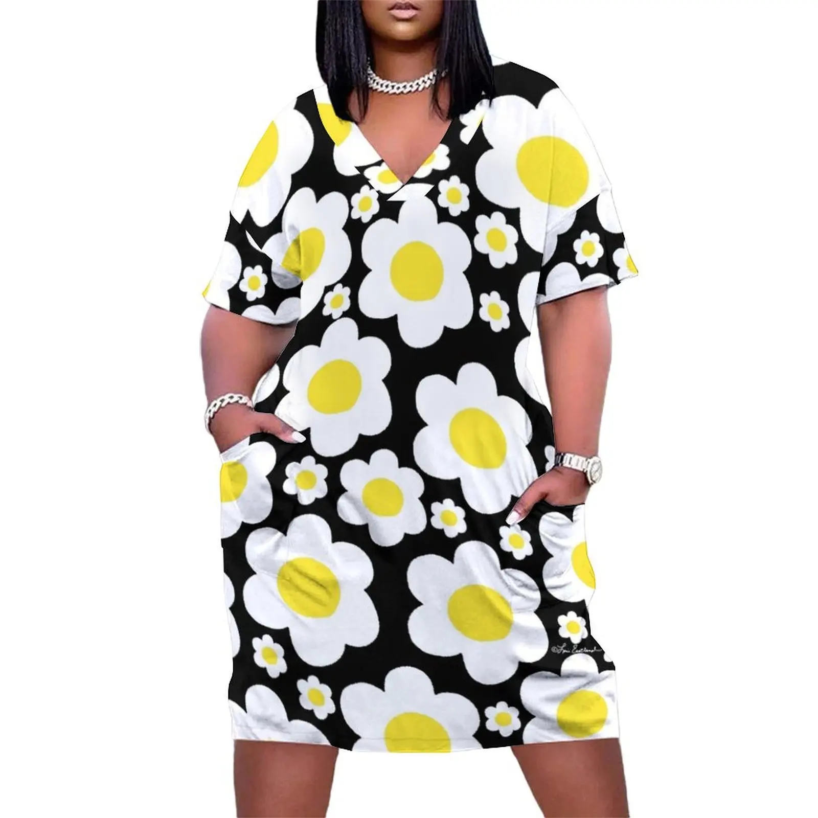 

Retro 60"s Daisy Pop Flowers Loose Pocket Dress Women"s summer skirt party dress women elegant luxury