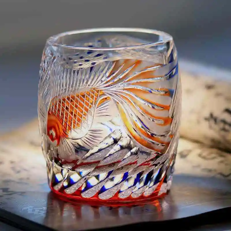 Top Hand Carved Craft Edo Kiriko Wineglass Whisky Cup Color Crystal Goldfish Brandy Wine Snifter Liquor Whiskey Glass Gift Box