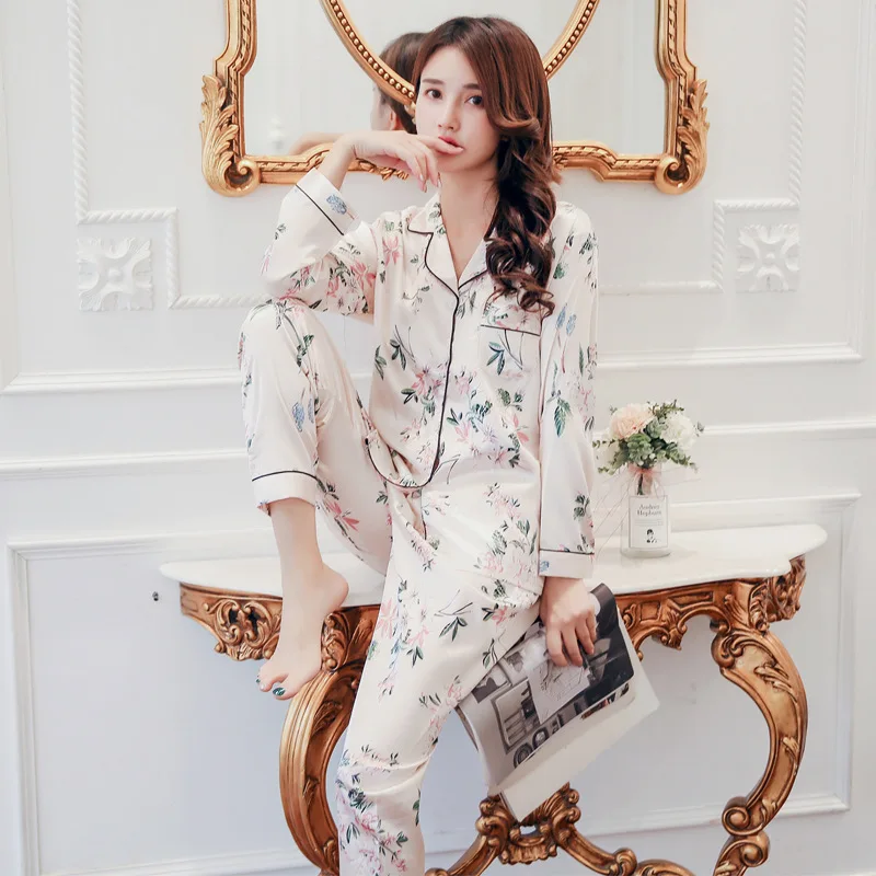 Women Silk Satin Pajamas Set Flower Print Sleepwear Suit Autumn Long Sleeves Pijama V-neck Lady Homewear Clothes Loungewear XXXL