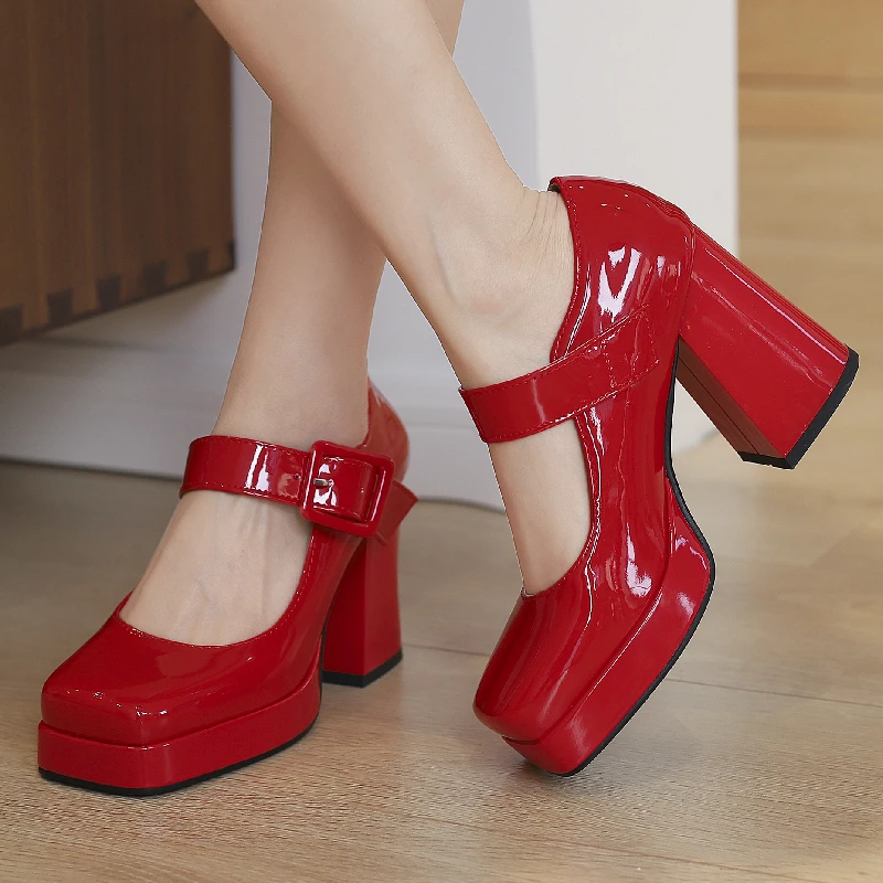 Spring and autumn new niche medium high heels square toe single shoes black, red, and white women's high heels