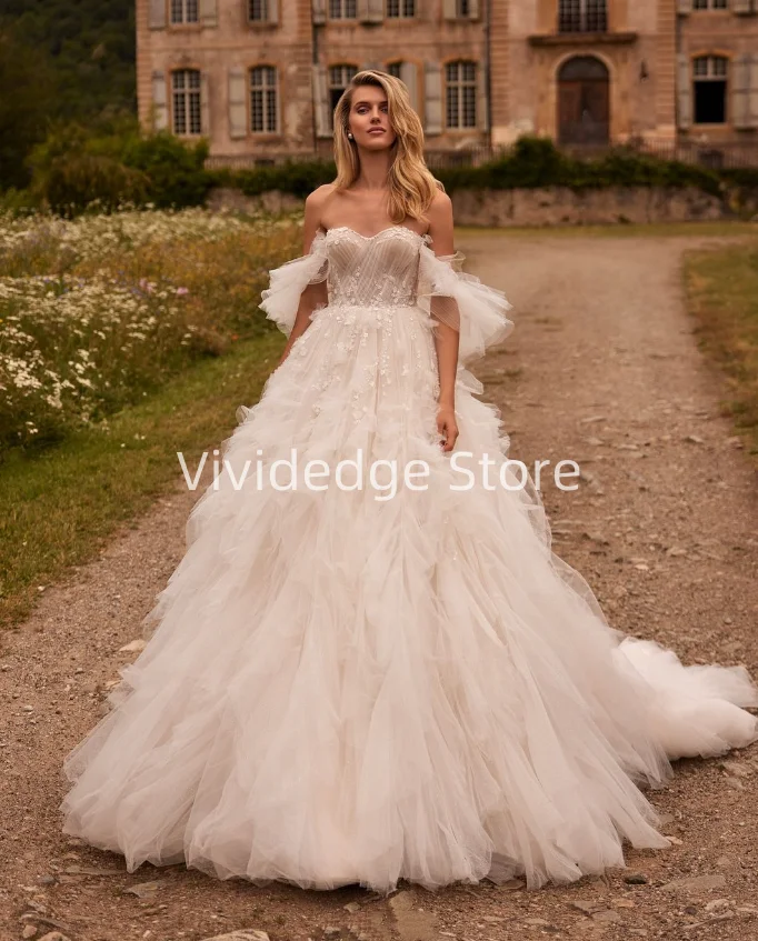 Aangepaste elegante witte strapless trouwjurken voor dames kant applique bruidsjurken vestidos de novia de talla grande