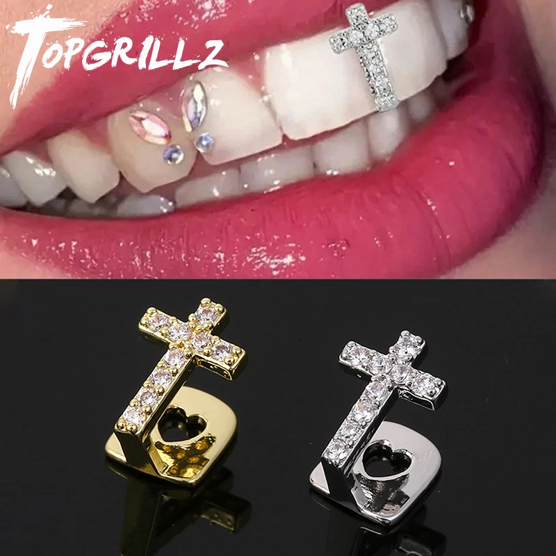 TOPGRILLZ Volle Zirkon Kreuz Zähne Kappen Für Frauen Männer Punk Hip Hop Glänzende CZ Steine Persönlichkeit Zahn Grillz Paar Schmuck Geschenke