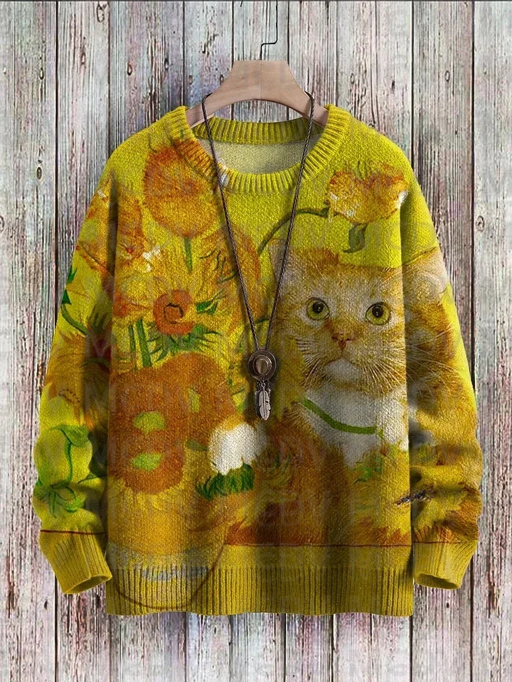 Funny Cat Play Music Moon Cow Art Pattern Print Casual Knit Pullover Sweater Men's For Women's Pullover