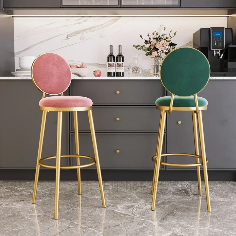 

Back Minimalistic Bar Stool Modern Round Velvet Comfortable Design Nordic Bar Chair Gold Metal Taburetes De Bar Home Furniture