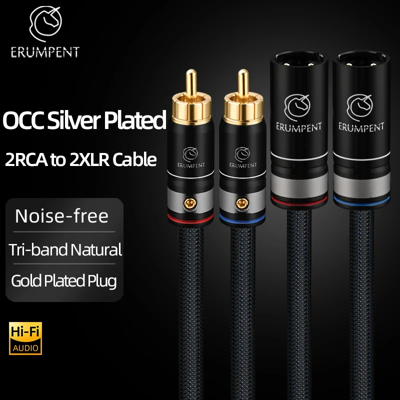 ERUMPENT One Pair Silver Plated HiFi 2RCA to 2XLR Audio Cable for Amplifie Microphnoe Speaker XLR RCA Cable