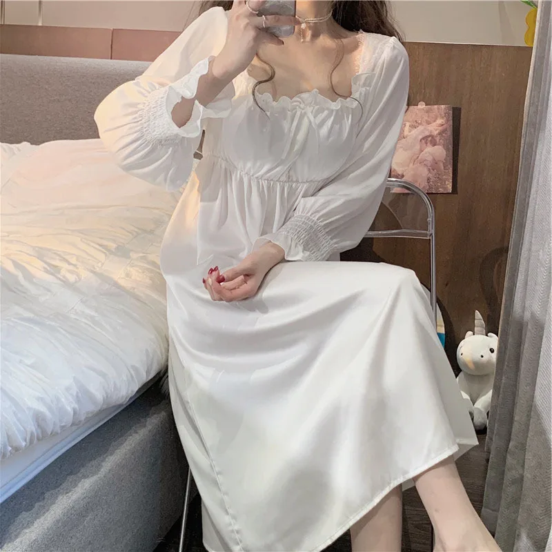 Sleepwear Female Long Nightdress Retro Palace Style Princess Nightgown Sleepdress Spring Casual Rayon Home Dress Lounge Wear