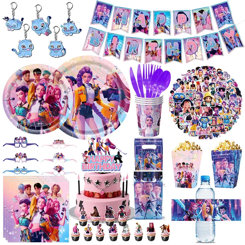 Kpop – ensemble de vaisselle de décoration de fête d'anniversaire, chasseur de démons, gobelets à ballons, assiettes, nappe, bannière de serviette, décoration de gâteau, fournitures de fête