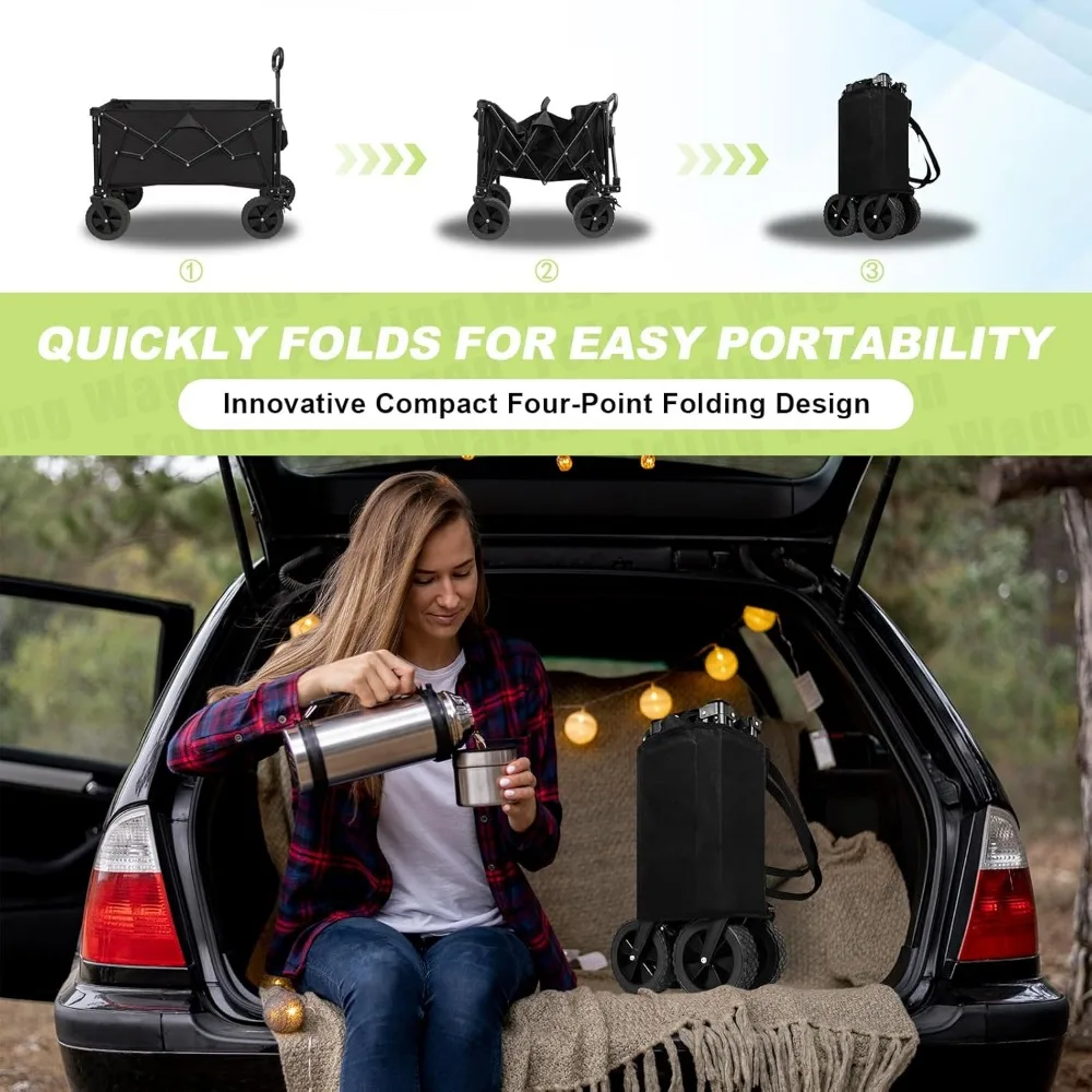 Carro plegable con capacidad de 300 libras, bolsillo lateral y frenos para compras en el jardín y la playa