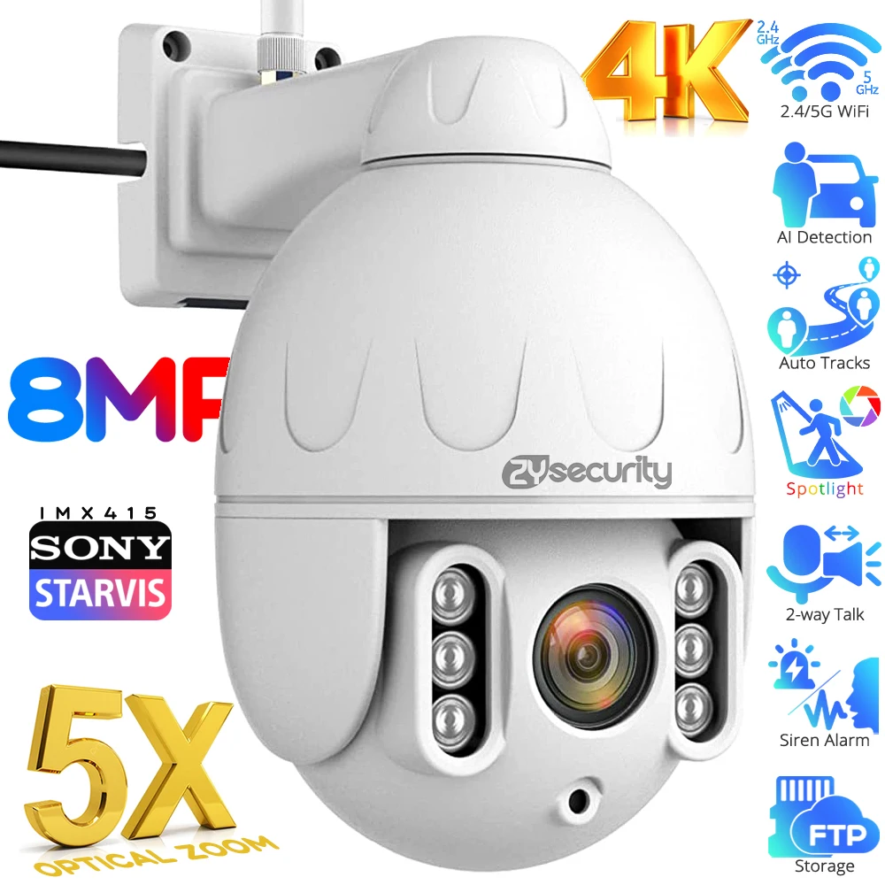 8MP 5X Optical Zoom WiFi PTZ Camera Outdoor 4K Sony IMX415 Auto Tracking IP Camera Spotlight Color Night Vision CCTV Cameras