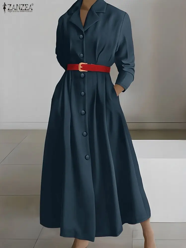 

ZANZEA Women Fashion Cinched Waist Long Dresses 2026 Spring Lapel Neck Long Sleeve Button Up Maxi Shirtdress Woman Clothes 3XL