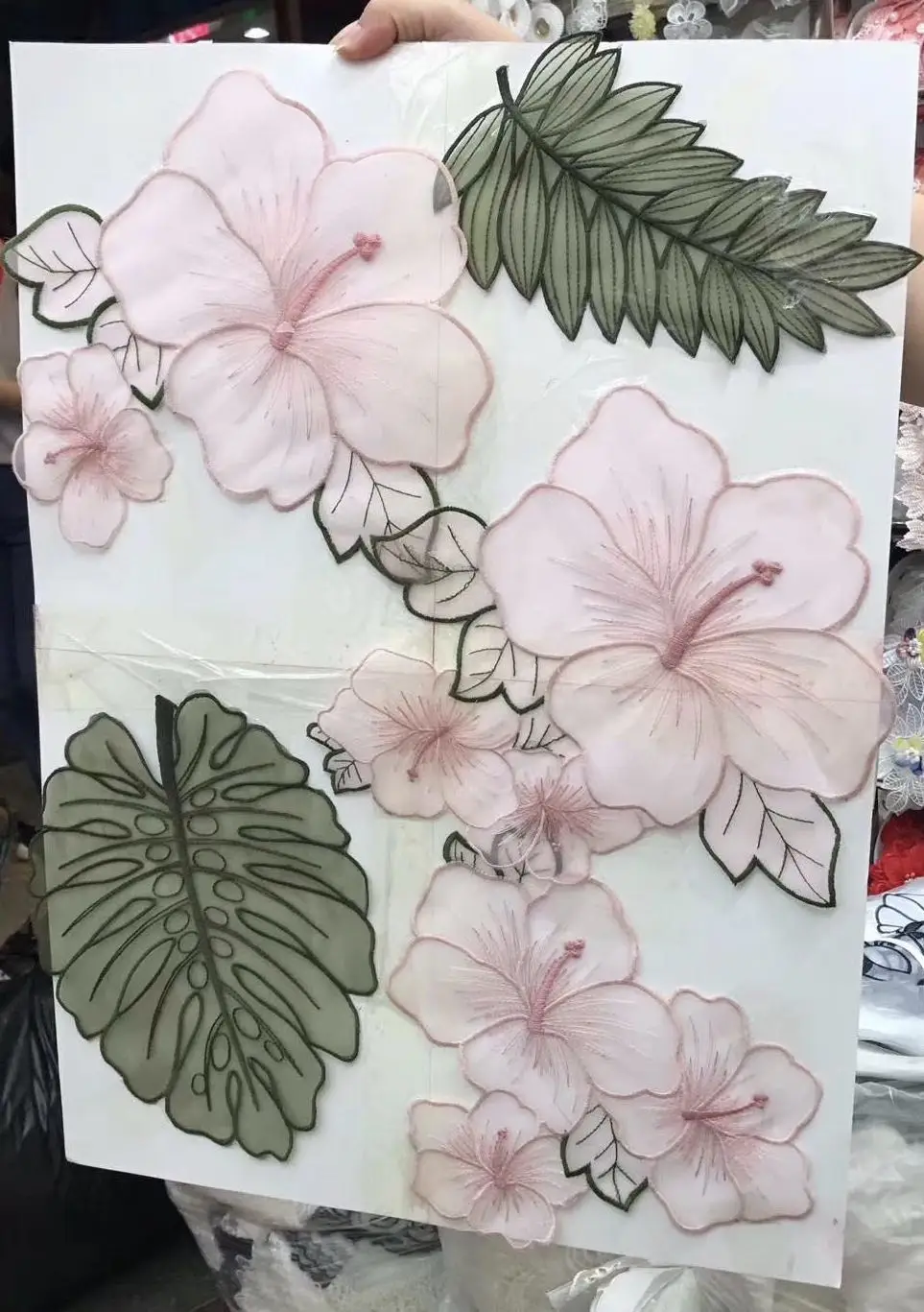 Lace Eugen Gauze Pink Flower Green Leaf Patch Decorative Patch Paste Embroidery Sticker Flower DIY Accessories