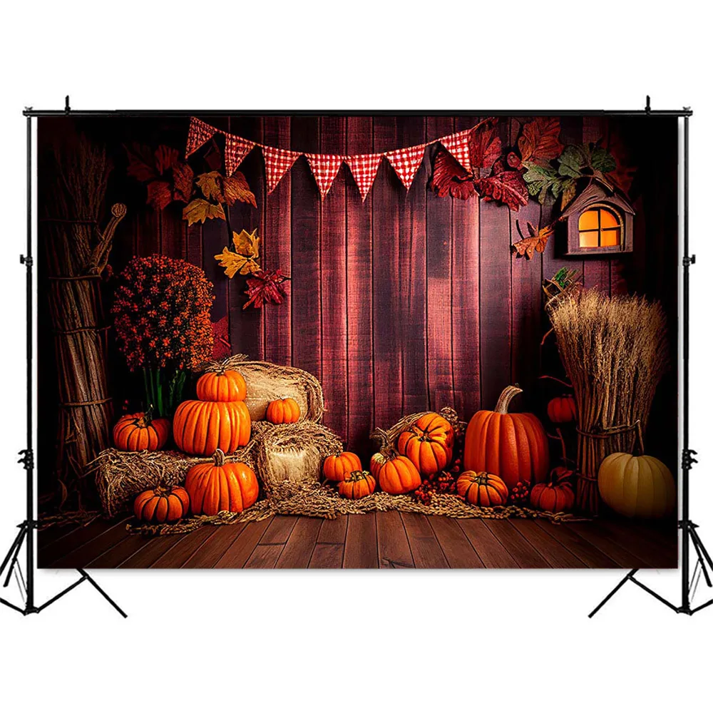 Autumn Pumpkin Backdrop for Photography Newborn Kids Warehouse Wood Portrait Photographic Background Haystack Fall Maple Leaves