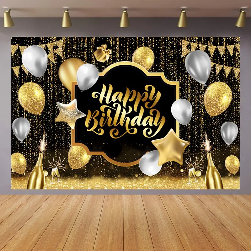 Black Golden Happy Birthday Backdrop Banner Background 30th 40th 50th Birthday Photo Background Birthday Party Backdrop Decor