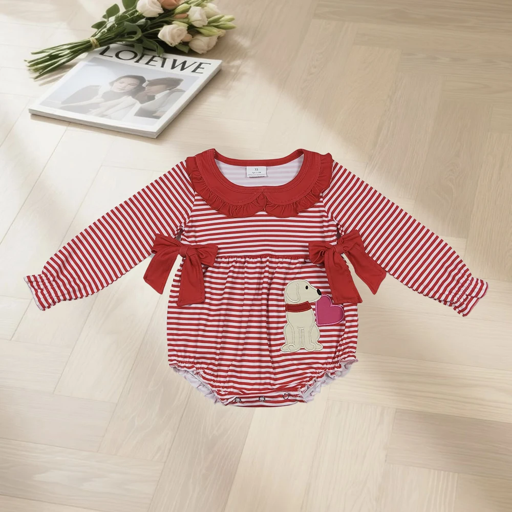 11.13 Baby Infant Girls Red Stripes Dogs Long Sleeve Hearts Valentines Rompers