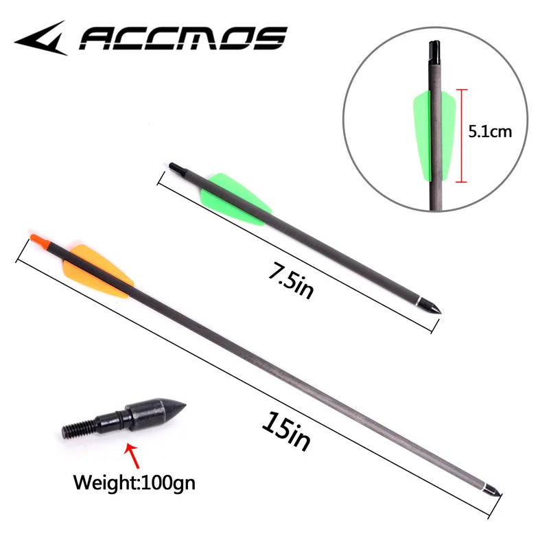 Carbon Crossbow Arrow Bolts 7.5/15in Archery Arrows with 2in Vanes Replaced Arrowhead for Hunting 6/12pcs