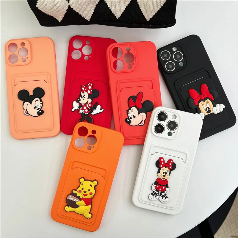 Original Disney Luxury matte silicone Card Wallet Mickey Minnie case for iphone 13 12 11 14 15 Pro Max Winnie the Pooh TPU cover