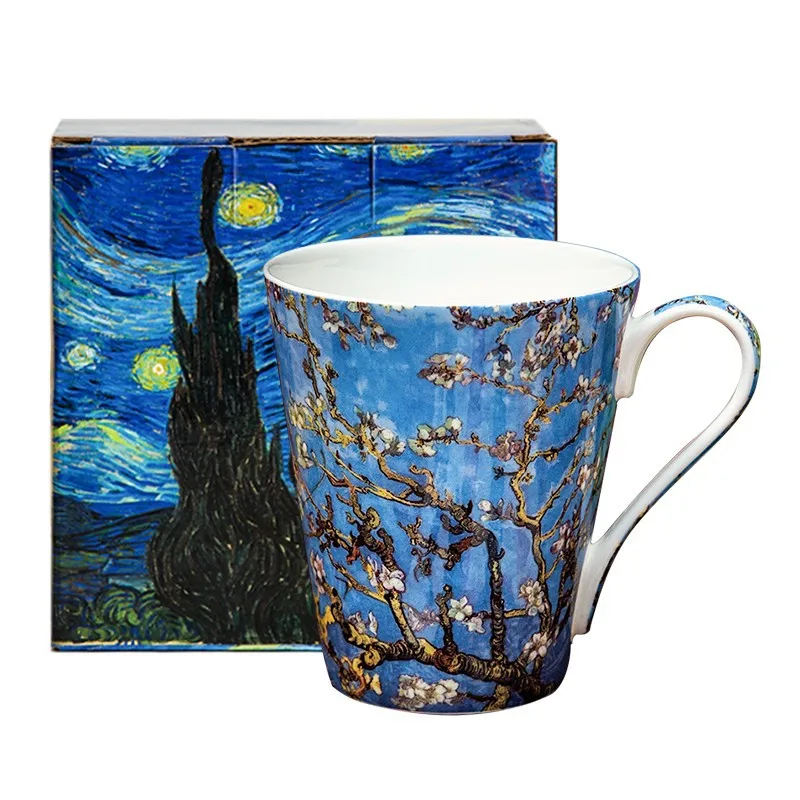 New Style Hand-painted Oil Painting Coffee Mug Artist Starry Sky Ceramic Mug Bone China Cup Gift Box Wedding Birthday Gift