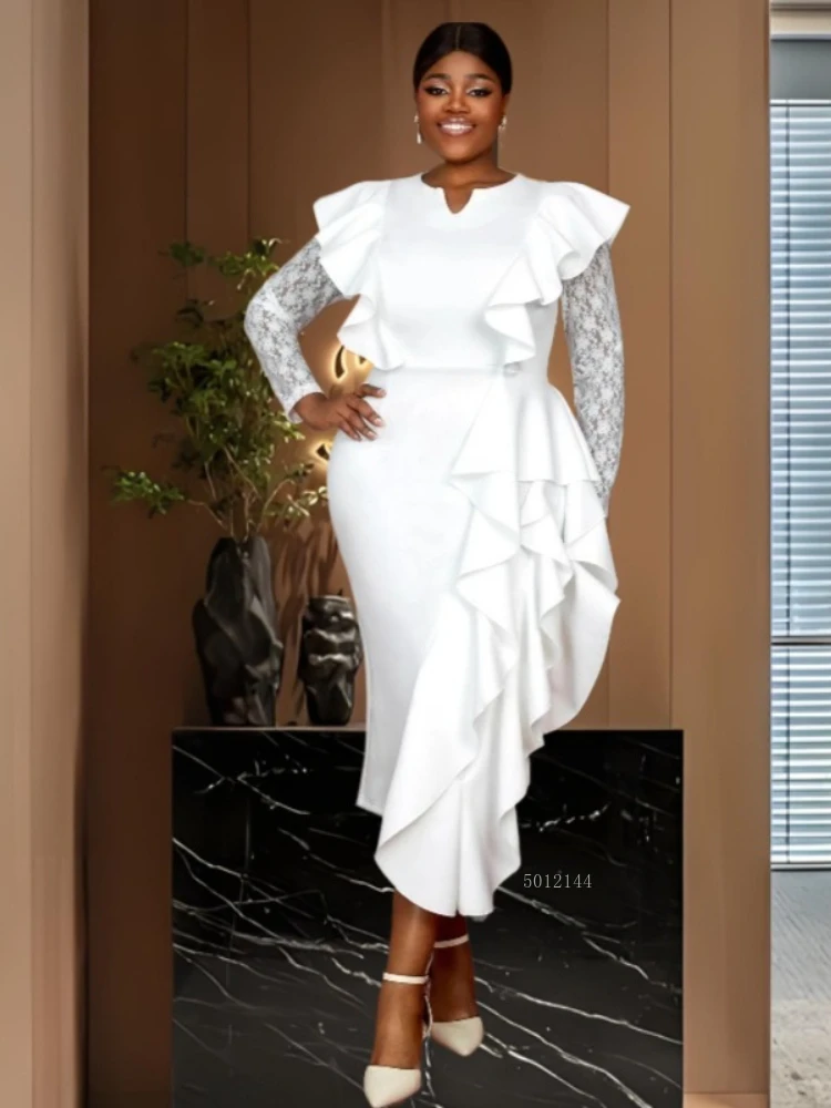 

Африканские платья Dashiki для женщин, элегантное 2026 африканское кружевное белое вечернее длинное платье с длинным рукавом и v-образным вырезом, платья Анкары