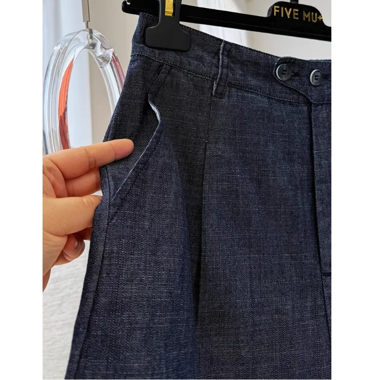 

Retro High Waist Denim orts Women Summer Outdoor Wear Loose A-Line Wide Leg Straight Cut Hot Pants Versatile Blue Cotton