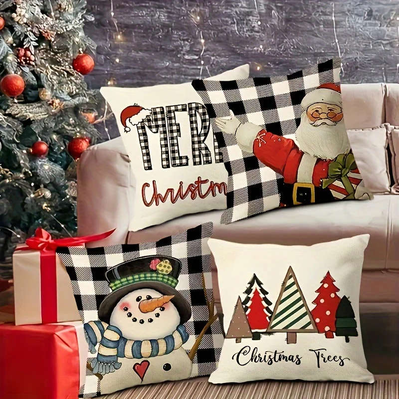 Contemporary Christmas Throw Pillow Covers Set of 4 - Holiday Decorative Cushion Cases with Santa, Snowman, and Christmas Trees