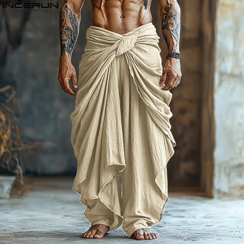 

Men Irregular Pants Solid Color Joggers Oversize Lace Up Pleated Trousers Men Streetwear 2025 Elastic Waist Long Pants INCERUN
