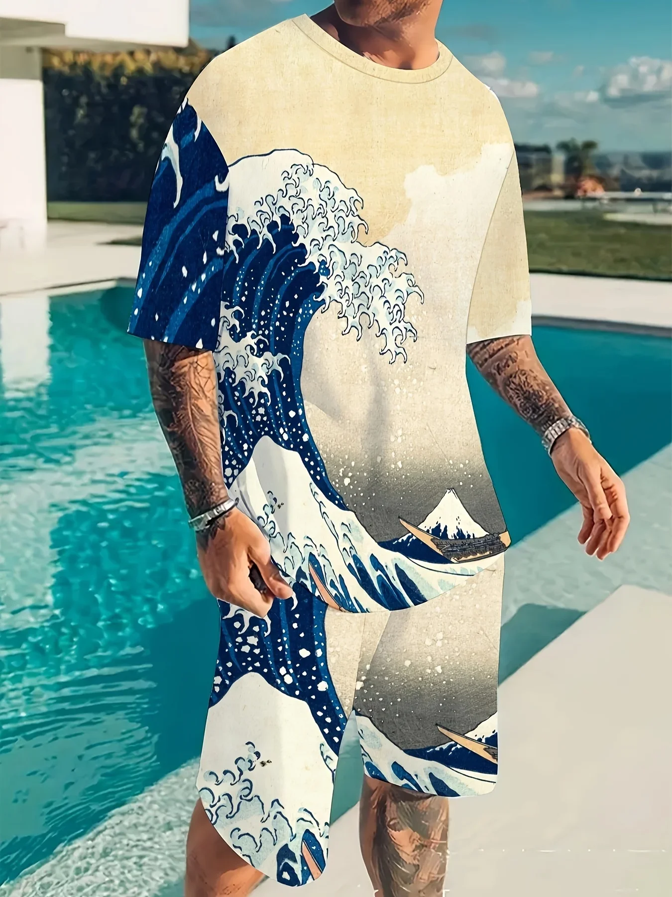 

Vintage Wave Print T-shirt Set Summer Beach Breathable Short Sleeve 2 Piece suits Men Fashion Tops Set Men's Clothing