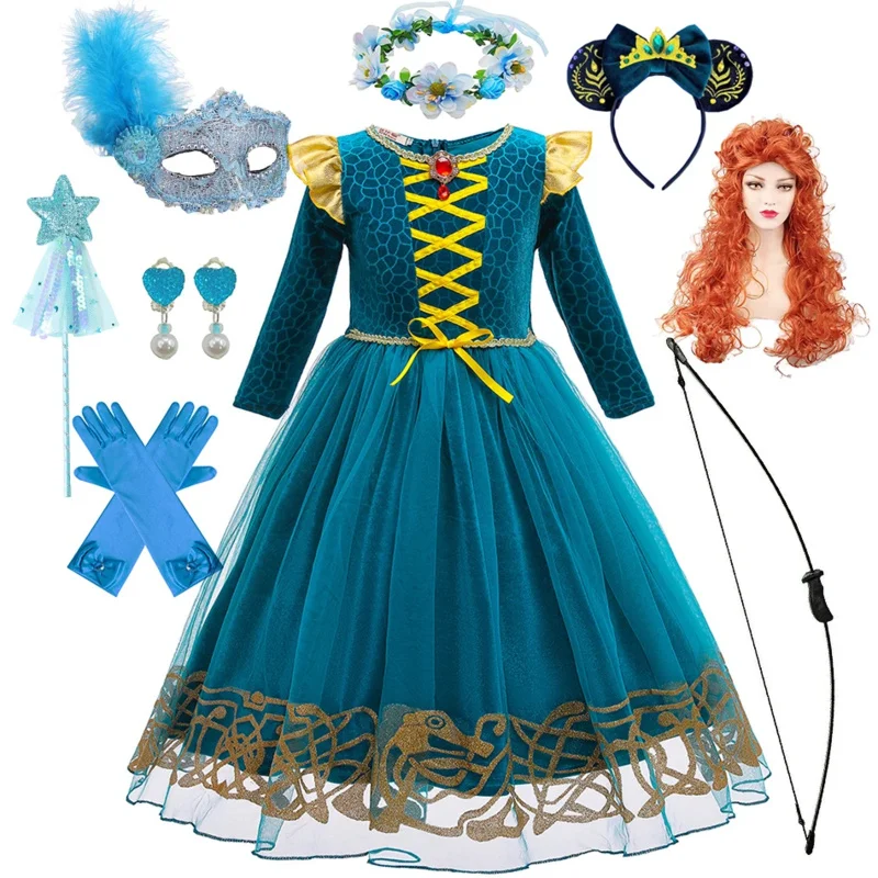 Brave Girl Merida-vestido de dibujos animados para niños, traje de juego de rol para niños, vestido de princesa de manga larga, disfraz de fiesta de