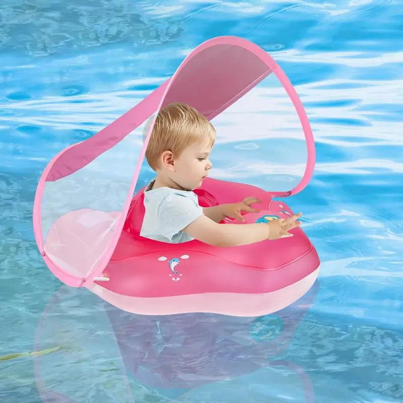 

Toddler Float With Canopy Inflatable Sun Protection Swim Trainer Float Swimming Aid PVC Pool Float With Hand Pump For Boys Girls