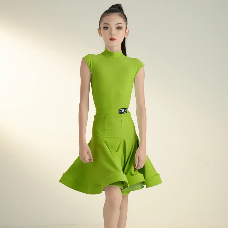 فستان رقص لاتيني صيفي للأطفال للفتيات حقيبة قياسية احترافية كتف بدون أكمام تنورة رقص عالية الجودة #3