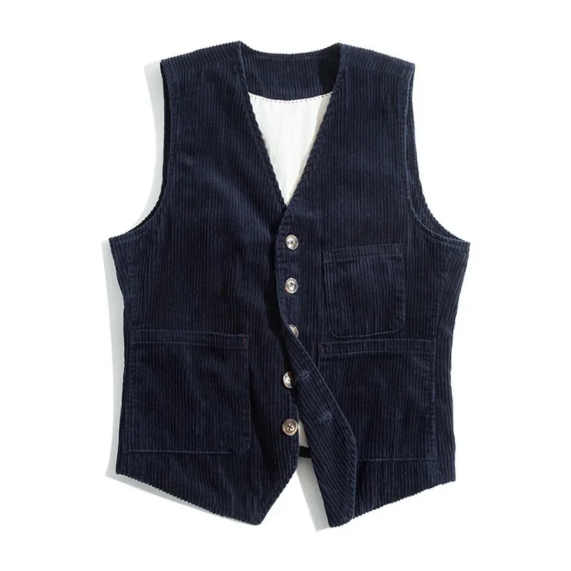 Cross-border men's spring and autumn retro corduroy workwear vest pocket stitching solid color single-breasted British jack