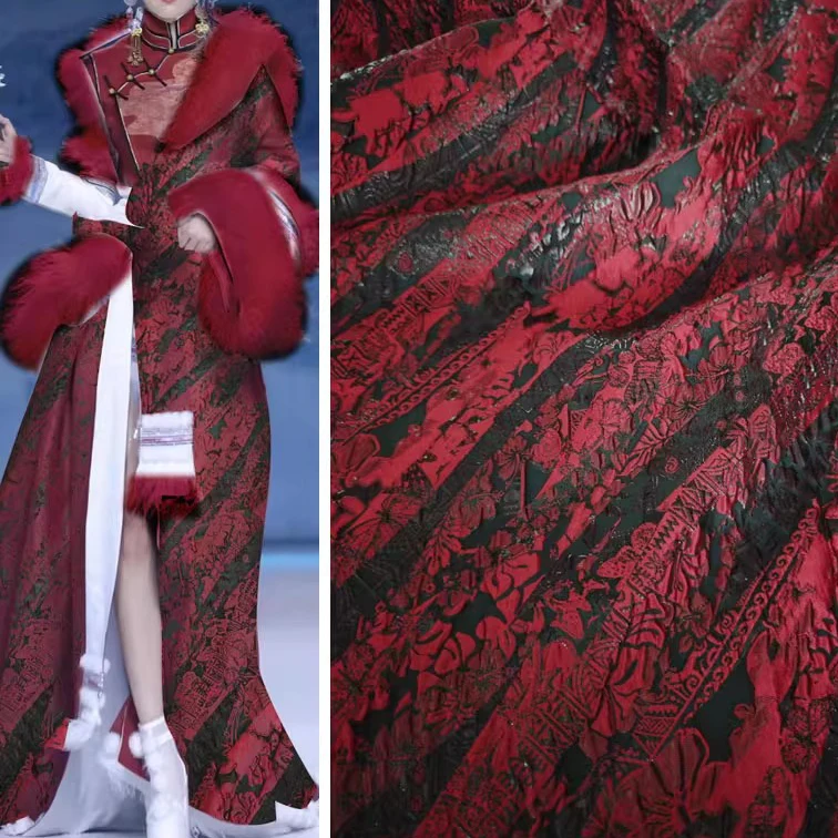 

1yard Wine red undulating veins jacquard pattern fabric Creative designer for outerwear and skirt,fashion fabrics for clothing