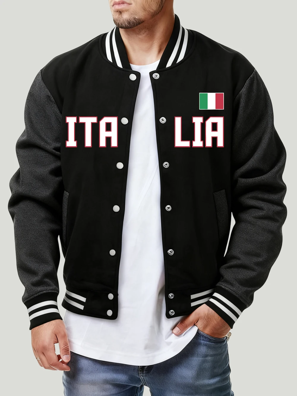 

Italia Flag Printing Baseball Coat Mens Winter Fleece Warm Jackets Loose Casual Tops Comfortable Basics Pocket Men'S Clothes