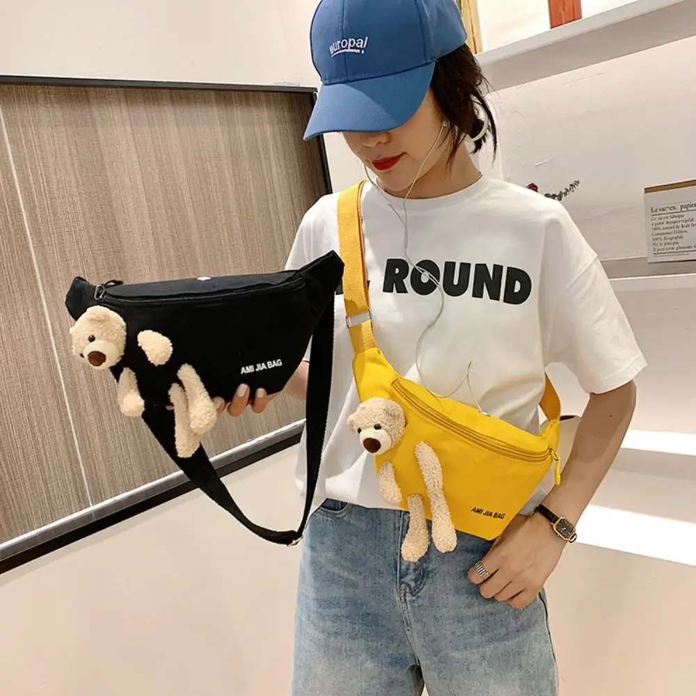 1PC Women\'s Cute Bear Waist Bag Canvas Belt Bags Designer Crossbody Chest Bag Female Solid Fanny Pack Banana Hip Purse