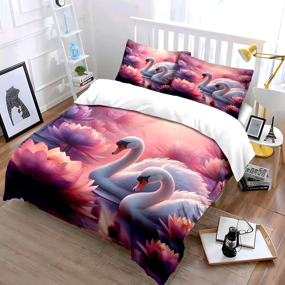 Graceful swans with pink lotuses Bedding Set for Kids Luxury Gift 3pcs Digital Print Comforter Set Soft Comfortable Breathable