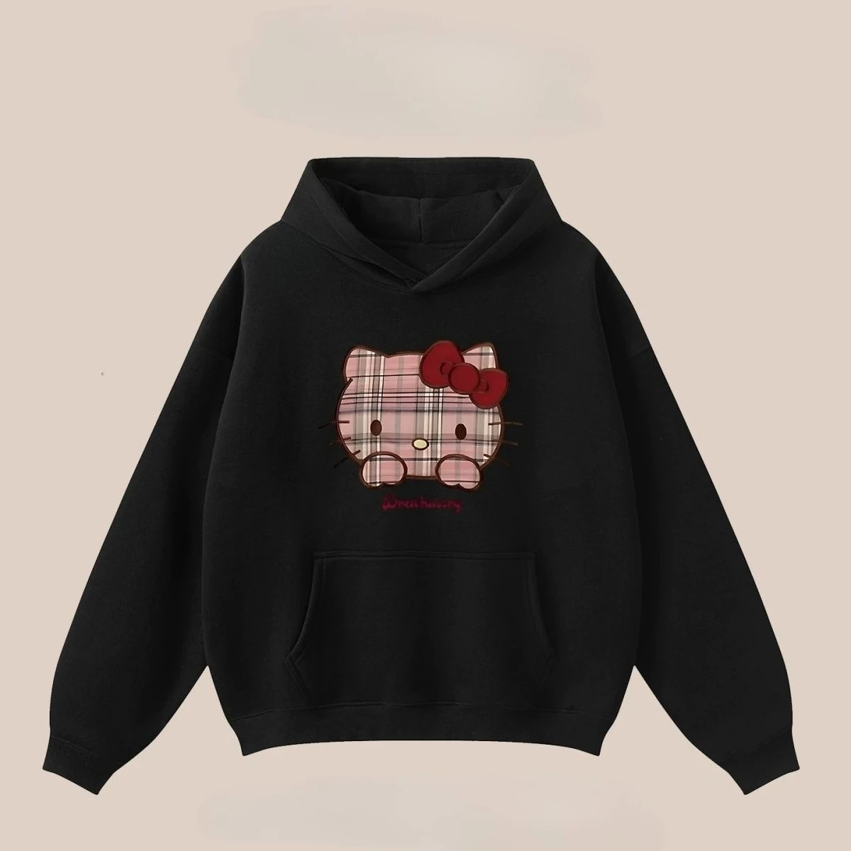 

Fun Checkered KT Cat Card Hooded Sweatshirt for Men and Women, Loose Pure Printed Cotton, Versatile for Autumn and Winter