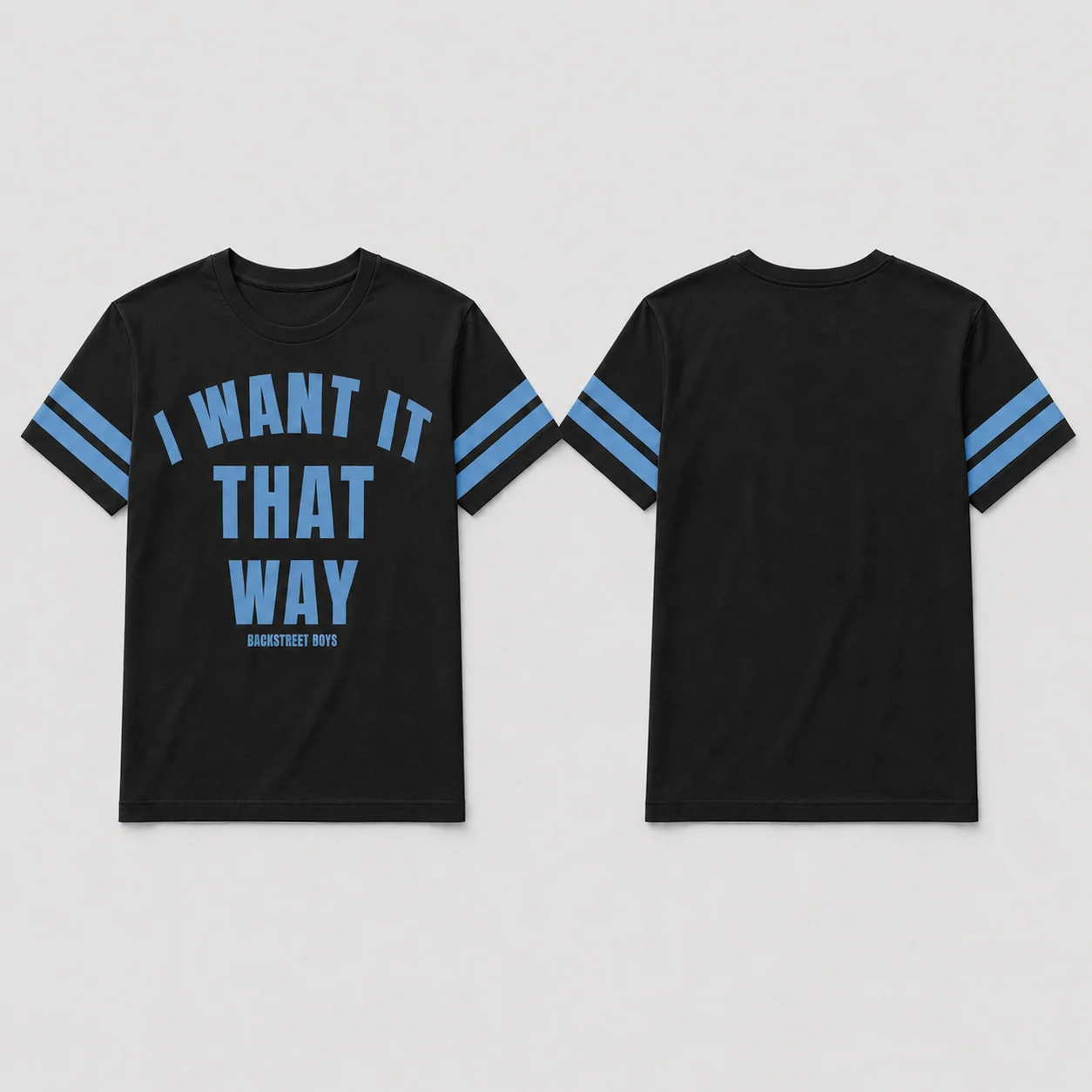 Backstreet Boys I Want It That Way T-Shirt, Y2K American Football-Stil Kurzarm-T-Shirt, Blaue Streifen am Ärmel, Buchstabendruck, Casual – Detail 3