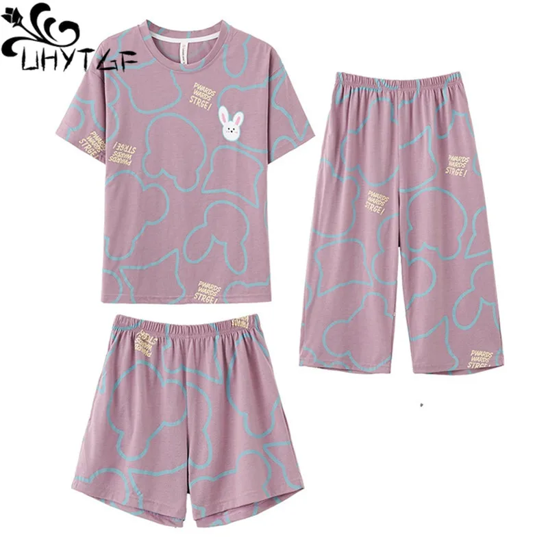 

UHYTGF 2022 Summer 3 Piece Set Pajamas For Women Comfortable Cotton Short Sleepwear Female Home Clothes Cute Girl Nightgown 2461