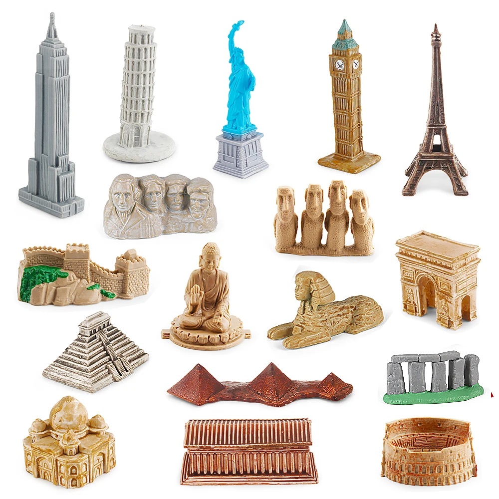 Mini estatueta de construção de ponto de referência, conjunto de brinquedos para crianças, monumento, torre eiffel, esfinge, estátua de liberté, modelo de pirâmide, figura de ação, jogo de brinquedo