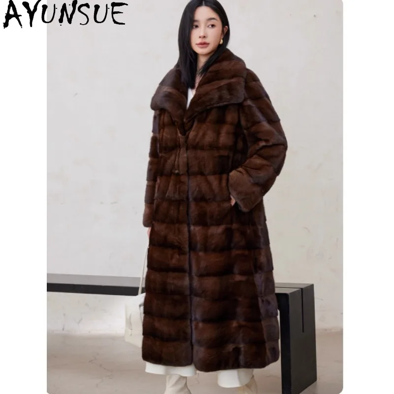 เสื้อโค้ทขนมิงค์แท้ AYUNSUE สำหรับผู้หญิง รุ่นใหม่ล่าสุด เสื้อโค้ทยาวสำหรับฤดูหนาว เสื้อผ้าแฟชั่นหรูหราสำหรับผู้หญิง เสื้อโค้ทขนสัตว์สำหรับผู้หญิง