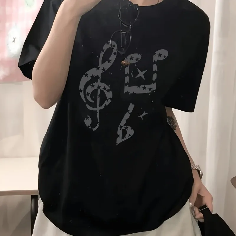 Cartoon Note Printed Short Sleeved T-shirt for Women, Retro Harajuku Style Unisex Casual T-shirt