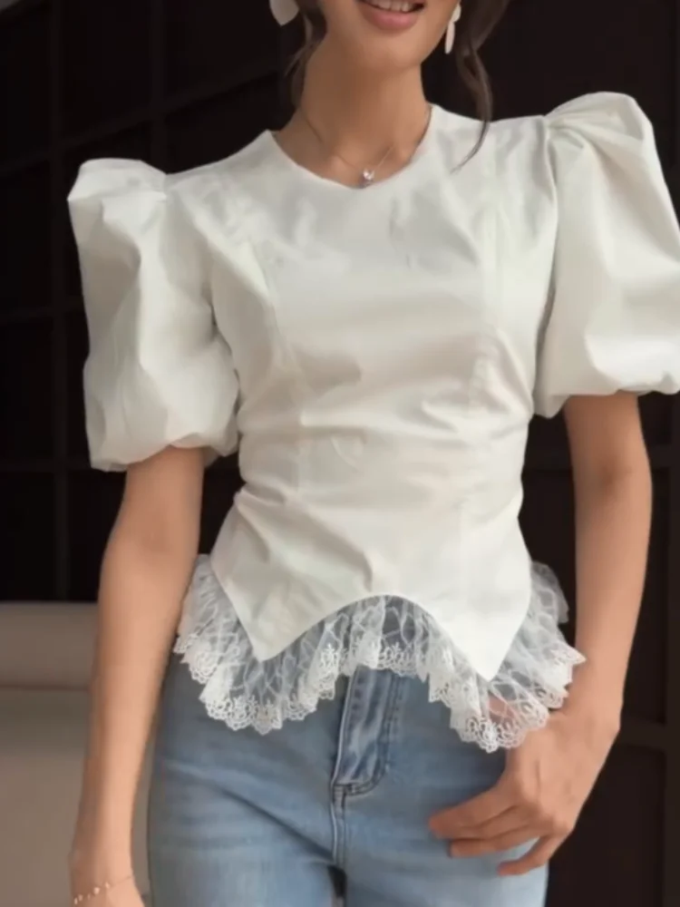 

Модный кружевной топ с рукавами-фонариками и вставками, элегантный женский топ с круглым вырезом и короткими рукавами, приталенный, с узором «рыбья кость», для повседневной носки, 2026