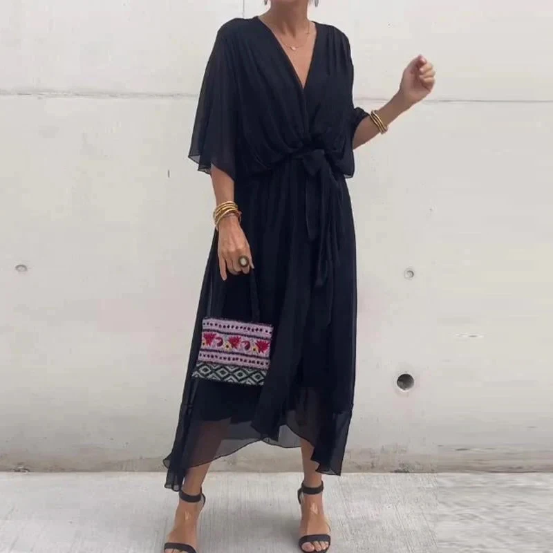 Spring V Neck Loose Long Irregular Dress Women Sexy Lace-up Pleated Bohemian Dress Summer Batwing Sleeve Solid A-Line Maxi Dress