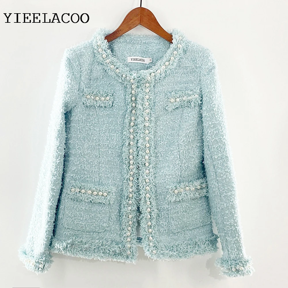 Light blue tweed jacket spring /autumn / winter jacket temperament One piece round neck coat Handmade beads women's jacket