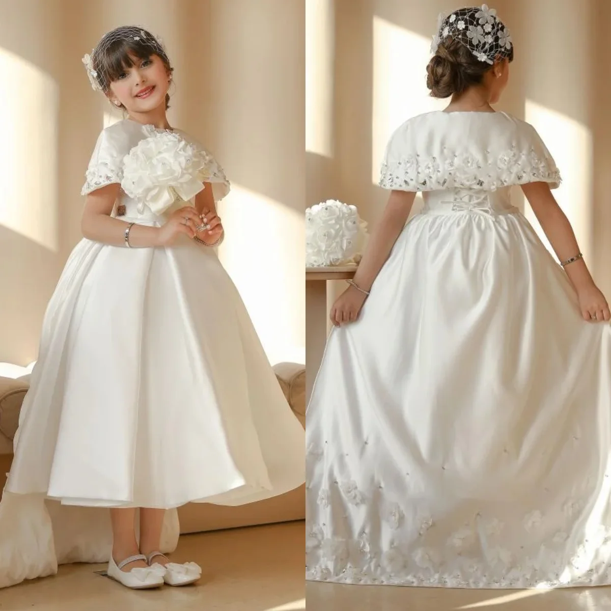 

Elegant Lace Flower Girl Dresses With Wrap For Wedding Customized Beaded Princess Baby Birthday Gowns First Communion Dress