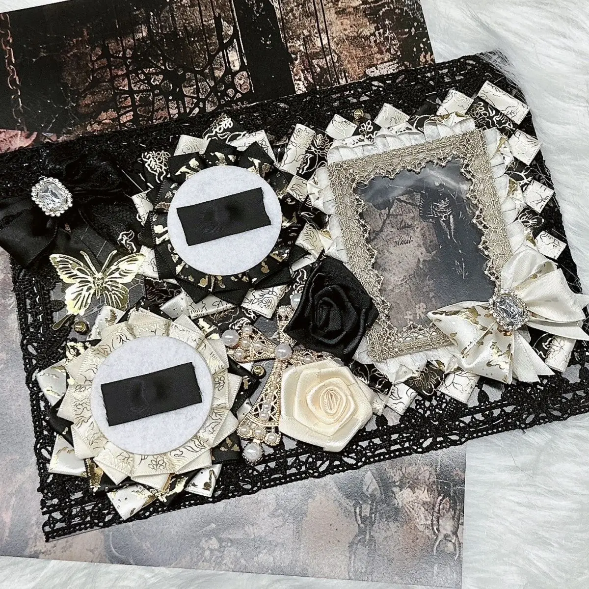 Gothic Ribbon Lace Luxury Ita Bag Insert Board ita bag decorations DIY Dark Blue Badge Organizer Board Ready-made