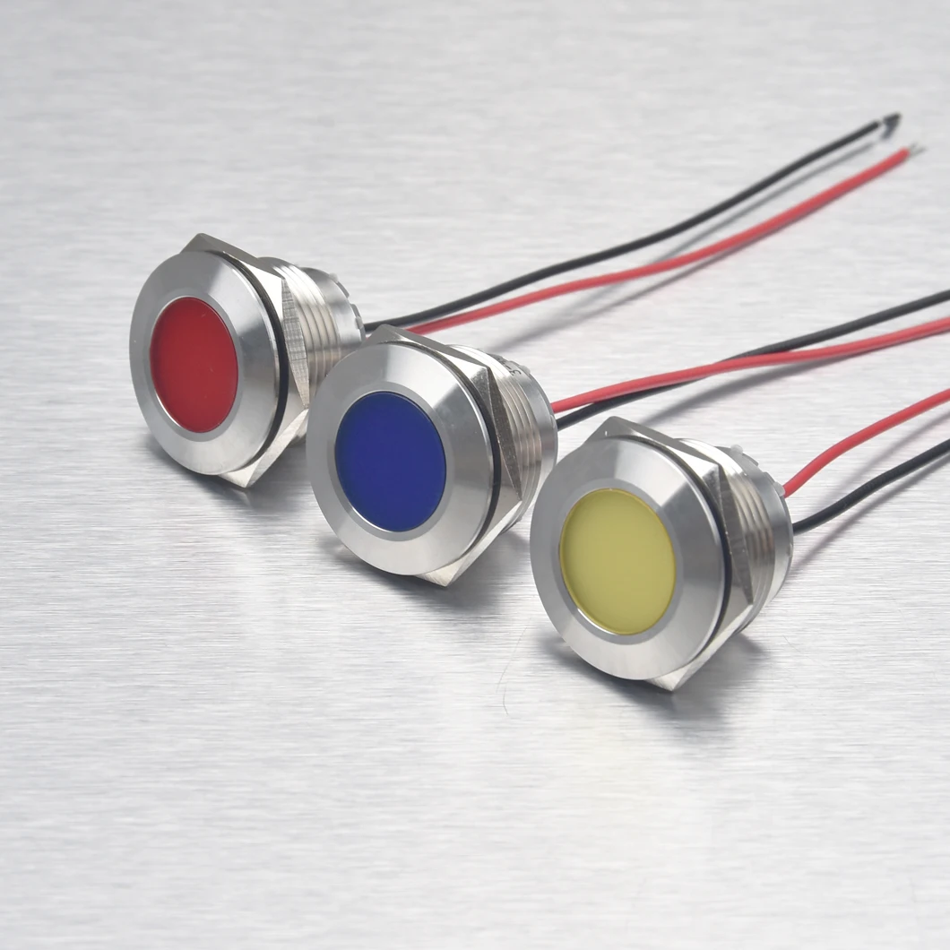 28MM Flat Head Metal LED Inicator Light 3-48V/110V/220V High Brightness Signal Pilot Lamp with 150MM Wire Cable LED Light